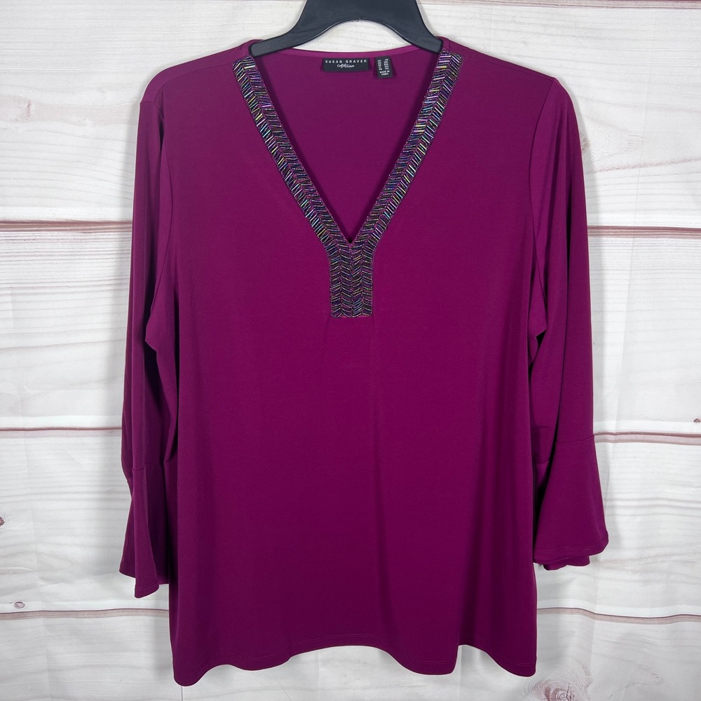 Susan Graver Artisan Top Womens 2X Purple V-Neck Beaded Bell Sleeve Liquid Knit